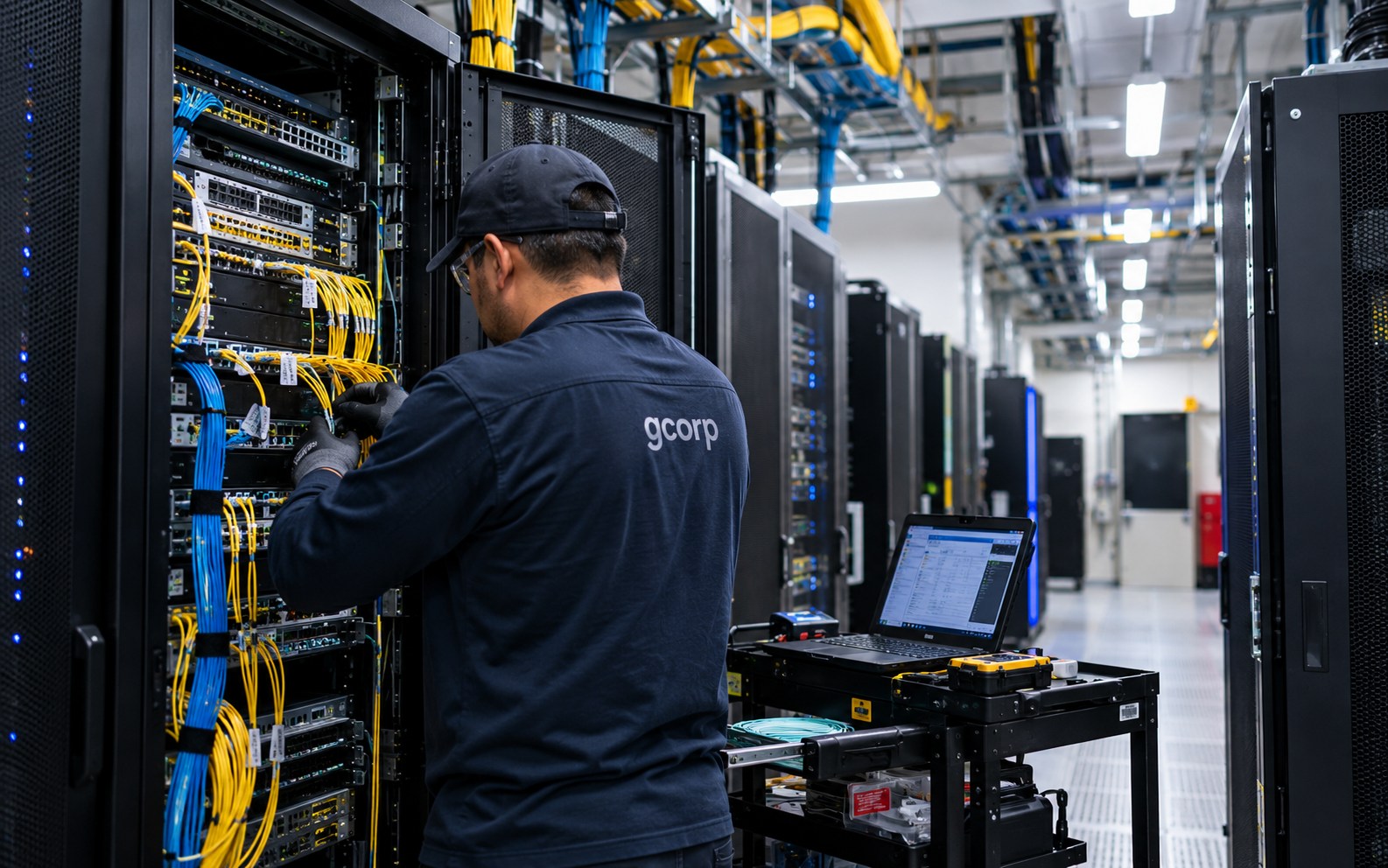 GCorp technician working on structured cabling in a data center server rack