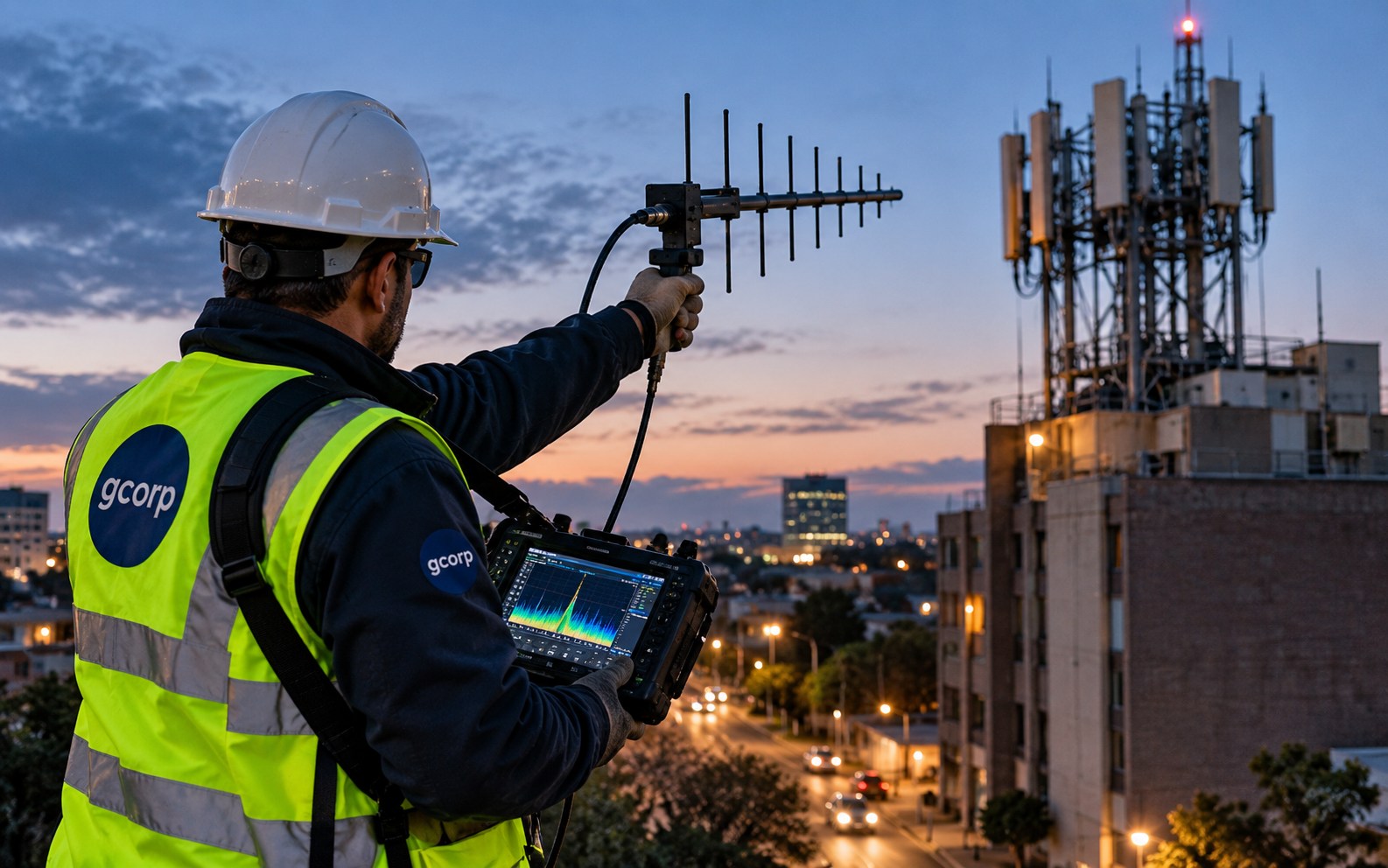 GCorp RF technician taking a directional bearing with a Yagi antenna and handheld spectrum analyzer on a rooftop at dusk