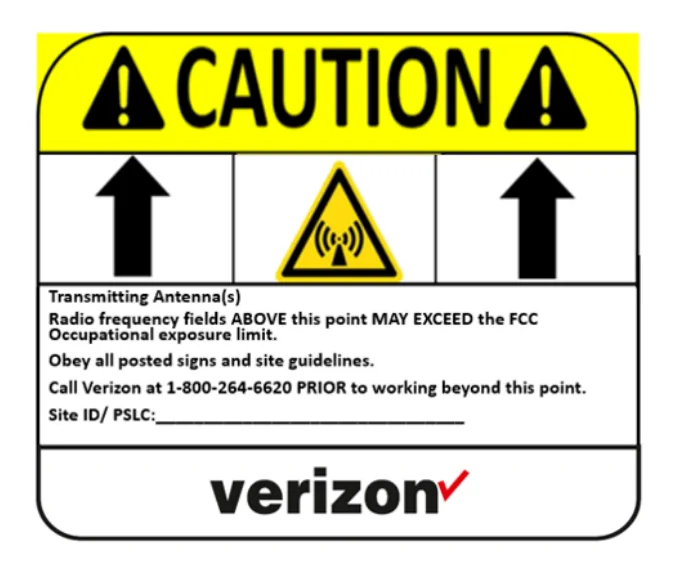 Caution — RF hazard, up arrows — Verizon RF safety sign