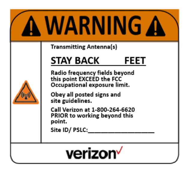 Warning — stay back (fill-in distance) — Verizon RF safety sign